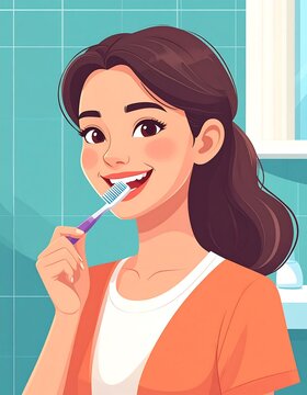 Woman brushing teeth illustrated daily hygiene health and wellness concept