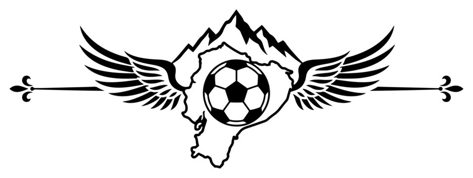 Soccer ball emblem with Ecuador map mountains and wings in minimalist graphic style