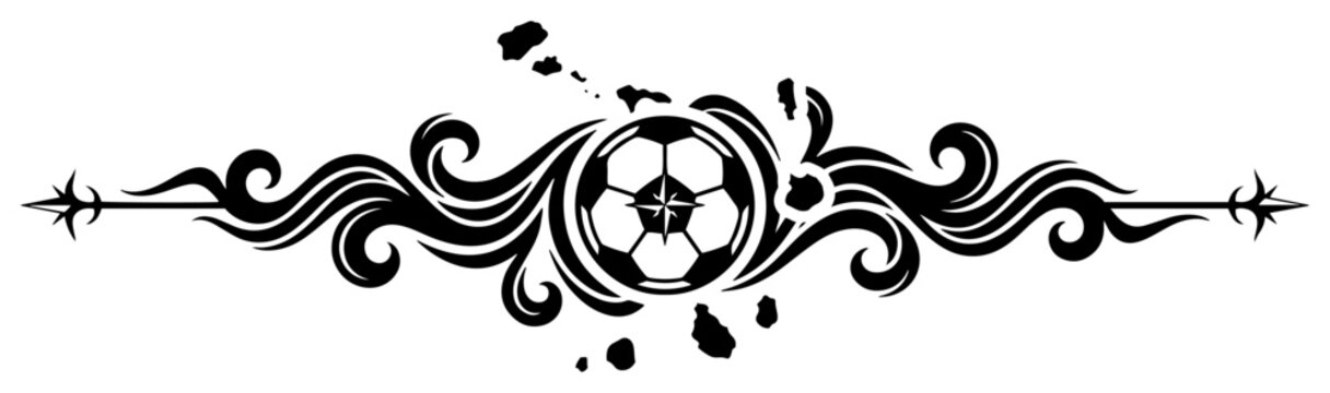 Soccer ball with islands map and decorative scrollwork divider in ornamental style