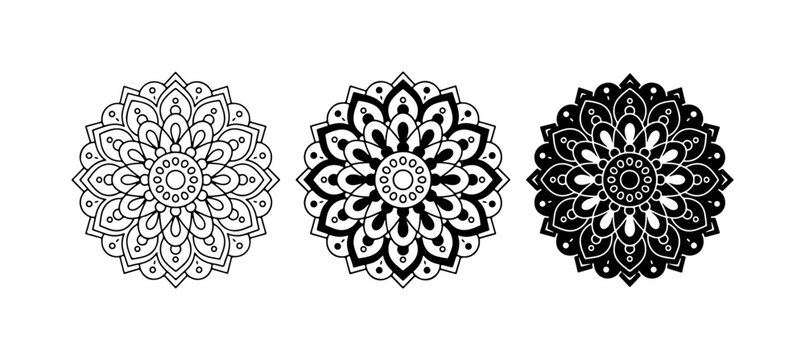 Mandala vector set of 3 circular floral patterns, black and white ornamental ethnic motifs, decorative henna art icons