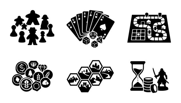 Board game icon set, tabletop gaming elements with dice and cards, 6 hobby icons for strategy and fantasy games