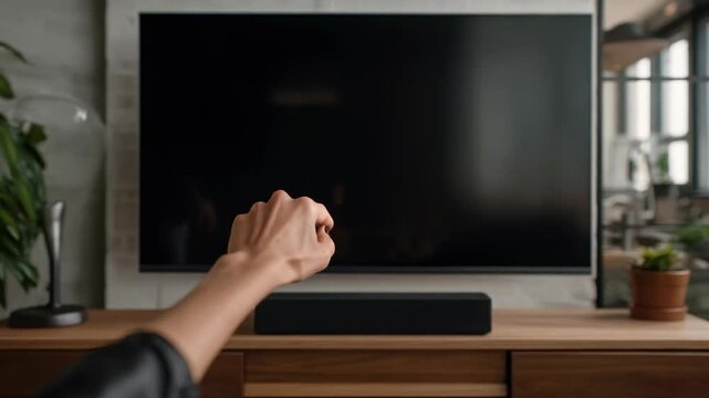A person points at a large flat screen television mounted on a modern wooden cabinet in a stylish living room. The scene captures a contemporary home entertainment setup
