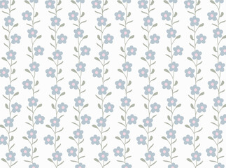 Seamless floral vine pattern with vertical climbing stems, dusty blue daisy flowers with pink centers and sage green leaves on light grey background. Soft minimal design for fabric and wallpaper. © Natalya