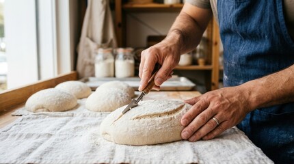 Fototapeta premium Baker Scoring Sourdough Bread Dough Before Baking.