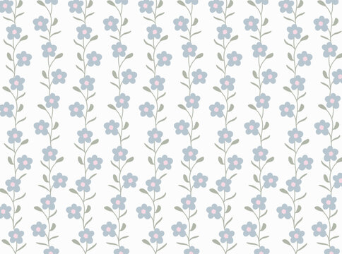 Seamless floral vine pattern with vertical climbing stems, dusty blue daisy flowers with pink centers and sage green leaves on light grey background. Soft minimal design for fabric and wallpaper.