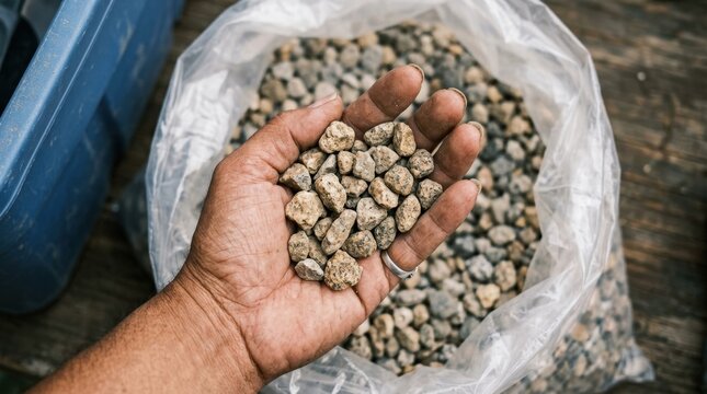 Handful of Gravel in a Plastic Bag Close-up.