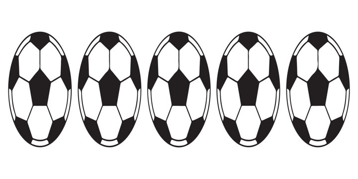 Five soccer ball vector icons set isolated on white background. football balls in simple flat design, traditional black and white.