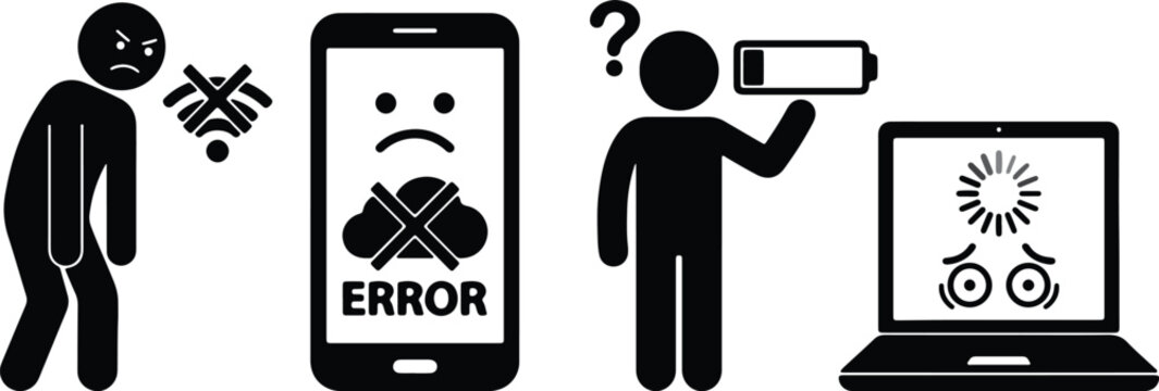 Set of black stick figure icons showing technology problems like no internet connection smartphone error low battery and slow loading laptop screen