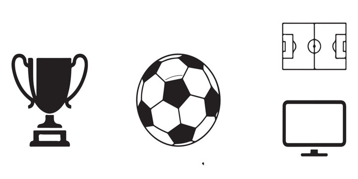 Soccer game attributes icons vector set isolated on white background. trophy, soccer ball, football field, and television symbols.