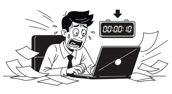 Stressed businessman rushing to meet a deadline on his laptop with papers scattered around him