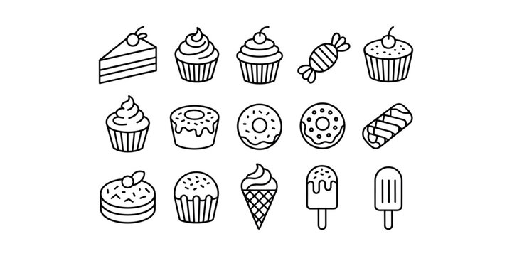 Black and white line of various sweet treats desserts sweets cupcakes donuts ice cream in white background