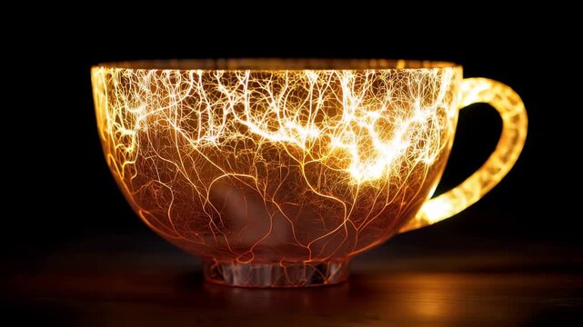 Glowing ceramic cup with lightning effects in darkness and soft light
