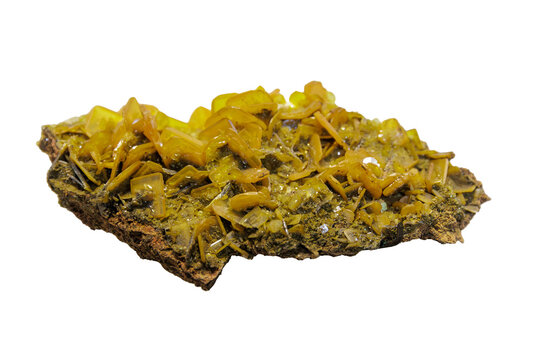 Vibrant Yellow Sulfur Cluster Displaying Needleshaped Formations And Shiny Surfaces On Rugged Rocky Background
