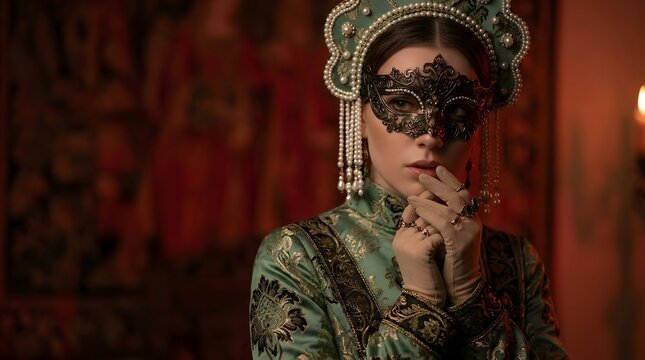 Ornate theatrical mask worn by mystical character