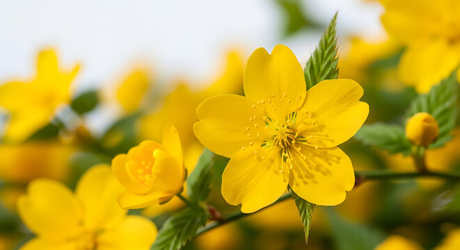 Bright Yellow Kerria Japonica Flowers Blooming in Spring Garden Close Up
