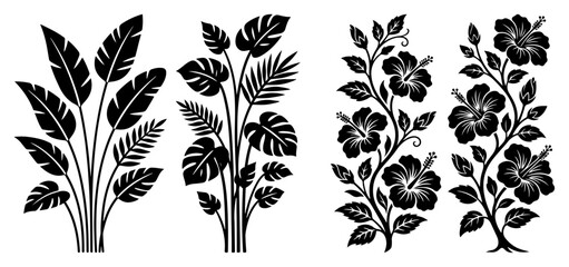 Tropical plant silhouettes including banana leaves and hibiscus flowers for botanical design in clean graphic style © AnimalZOO