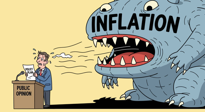 Inflation concept as a monster attacking public opinion.