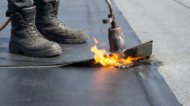 Close up of a worker installing bitumen membrane waterproofing on a flat roof using a gas torch.