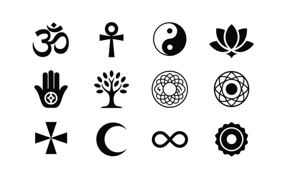 Collection of spiritual and mystical symbols on white background including om ankh yin yang lotus hamsa tree of life flower of life and geometric shapes representing various religious and esoteric