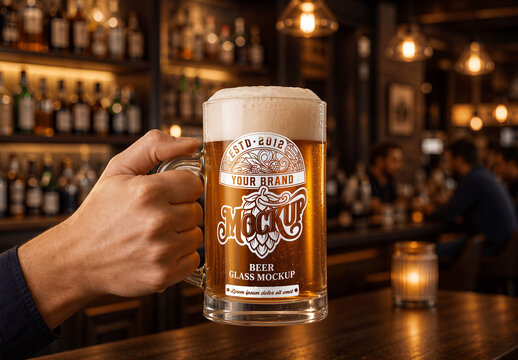 Hand Holding Mug Glass Of Cold Beer Mockup