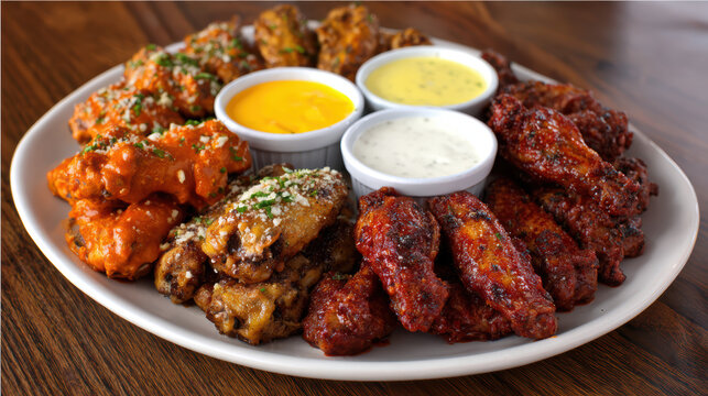 delicious chicken wings with assorted sauces