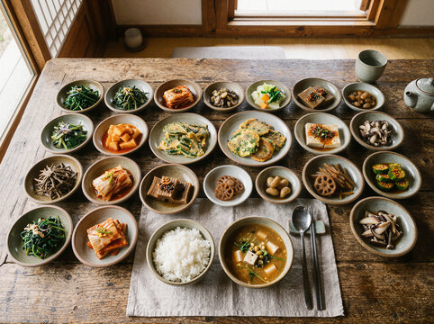 Traditional Korean meal with assorted banchan side dishes