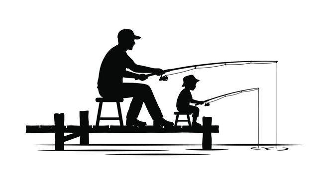 fishing silhouette of father and son on pier black and white