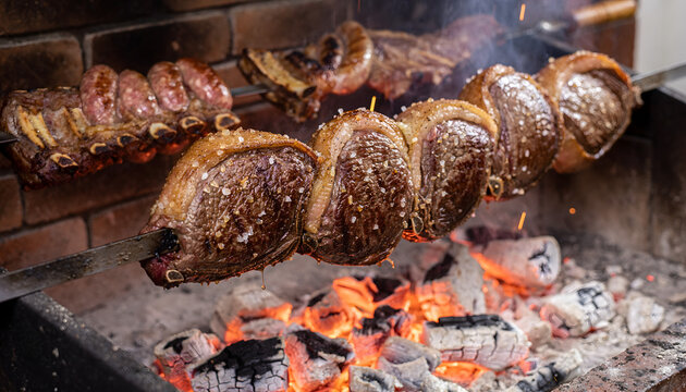 Traditional Brazilian churrasco barbecue with large meat cuts roasting on fire