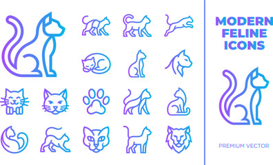 Fototapeta premium Modern feline icons vector set cat pet animal domestic cute playful curious silhouette illustration concept.