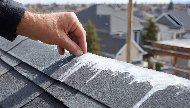 Close-up of hand inspecting gray asphalt roof shingles with ice on the edge, residential neighborhood background