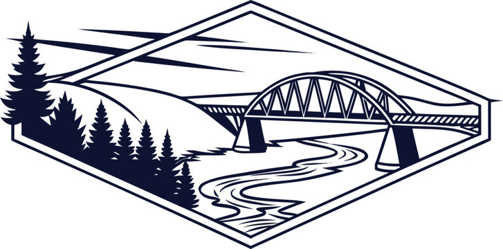 Graphic illustration of a bridge over a river with pine trees in a diamond shaped frame