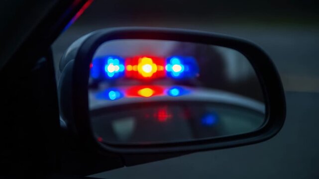 Police car lights reflected in side mirror at night  
