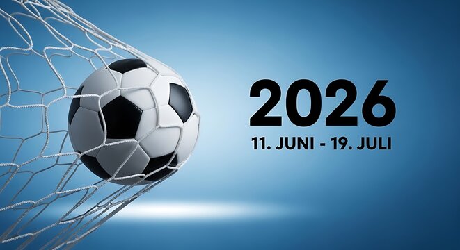 Soccer ball flying into goal net with 2026 fifa world cup dates on blue background