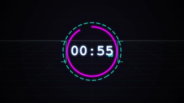 Digital HUD countdown timer with neon purple and cyan circles on black background