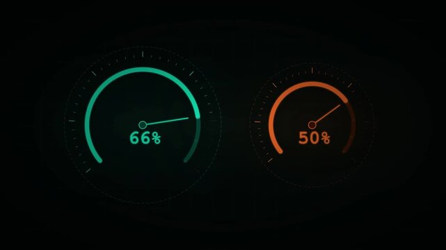 Dynamic performance monitoring with glowing radial gauges. 4K Video