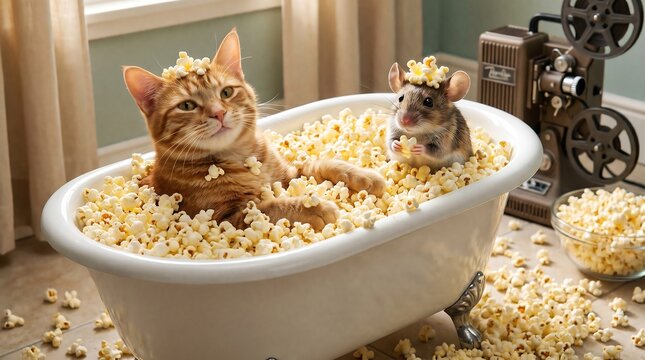 cat, mous and popcorn