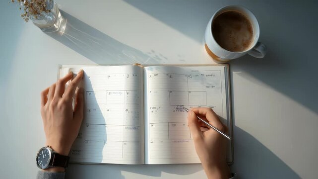 Person planning schedule in a notebook with a pen while enjoying a cup of coffee at a sunlit desk. Morning sunlight creates a cozy and productive workspace atmosphere