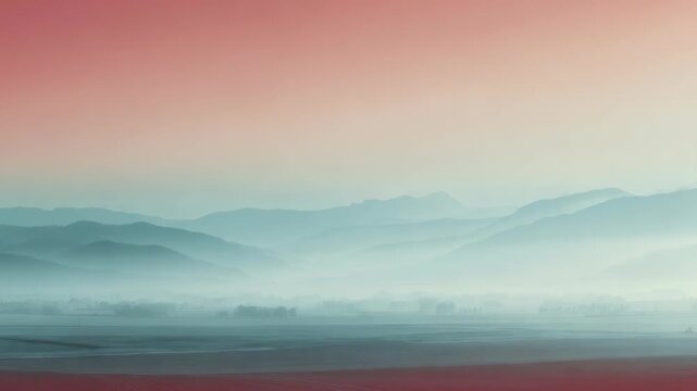 Serene misty mountains at sunrise with soft pastel colors blending into the sky. Peaceful landscape evokes calmness and tranquility, perfect for meditation or relaxation themes