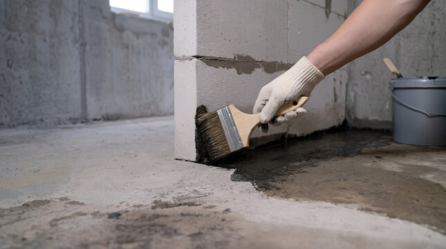 Close up of a worker applying black liquid bitumen waterproofing membrane to an aerated concrete block wall and floor joint with a brush.
