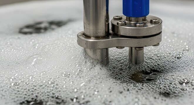 Extreme close-up macro photography of industrial machinery creating foam and bubbles in liquid