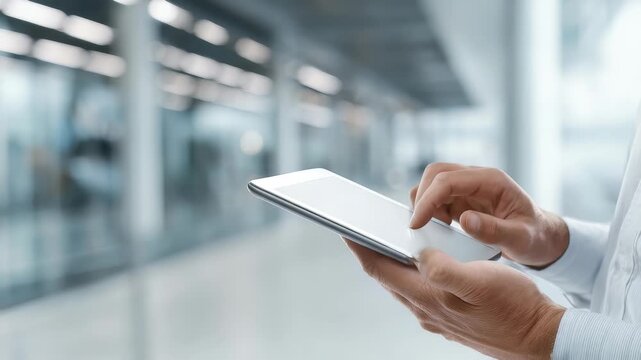 Businessman using digital tablet in modern office environment, focusing on touchscreen interaction and technology. Professional hands holding device, emphasizing connectivity and innovation