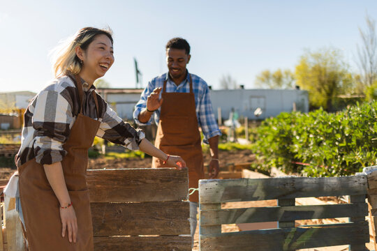 Smiling gardener opening wooden gate at sunny community farm