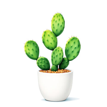 Prickly Pear Cactus Plant with Small Spines in Minimalist Round White Ceramic Pot Isolated on White Background