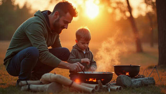 Authentic family outdoor cooking lifestyle photography, father teaching young child to prepare food at campsite, warm sunset lighting, realistic camping environment, emotional bonding atmosphere, prem