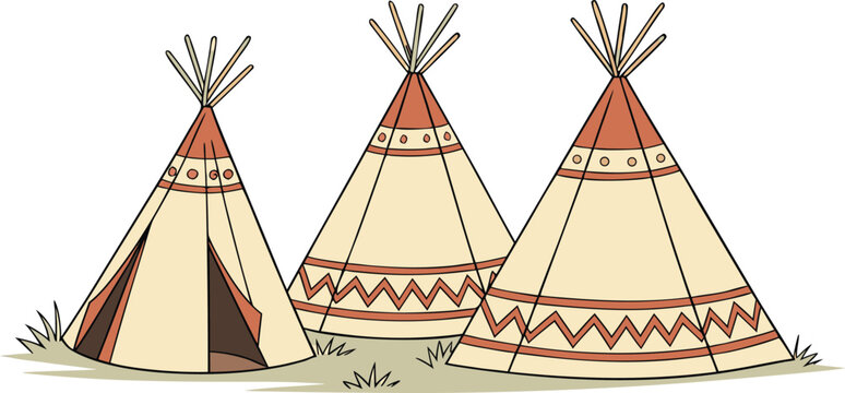 Three traditional native american teepees standing on the grass