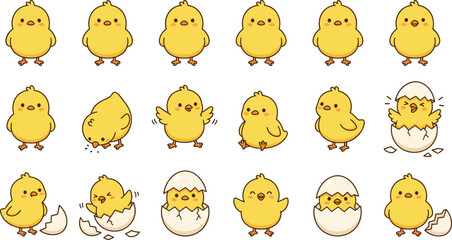 Cute Cartoon Baby Chick Character Set with Hatching Egg, Walking, Flapping, and Various Poses for Easter and Kids Designs © Mifta