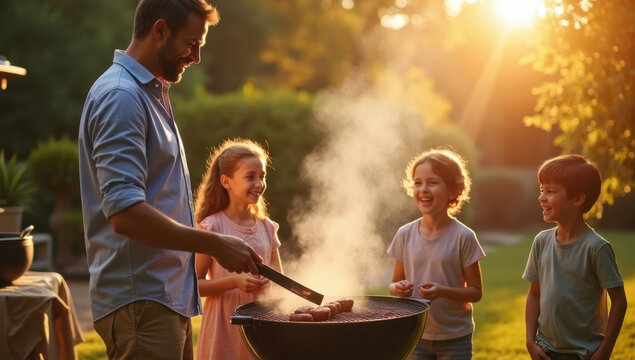 Authentic family weekend barbecue photography, father grilling food while children laugh nearby, warm backyard atmosphere, cinematic golden sunlight, realistic family interaction, premium commercial l