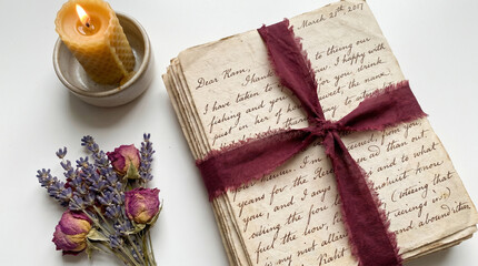 Fototapeta premium handwritten poetry letters tied with ribbon beside candlelight and pressed flowers, emotional storytelling cozy object, isolated on white background