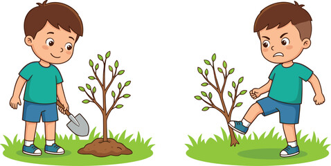 Cartoon Boy Planting and Kicking Tree Illustration Showing Good and Bad Behavior for Kids Environmental Education Designs © Mifta