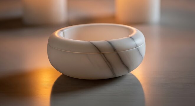 A small round white marble bowl sitting on a smooth surface with warm soft candle light glow nearby. alabaster box
